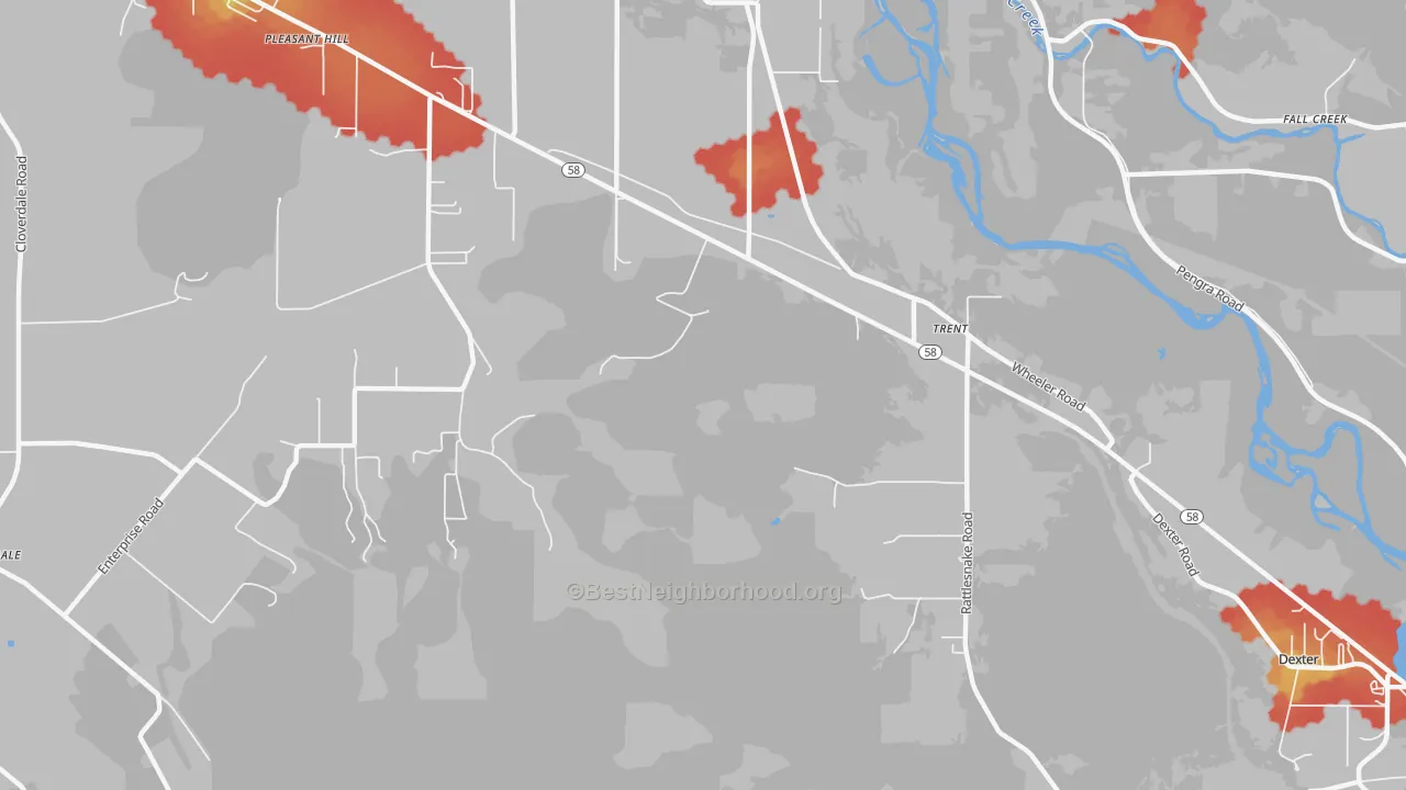 Walk Grade map of Trent, OR, walkable areas in green and car-dependent areas in red