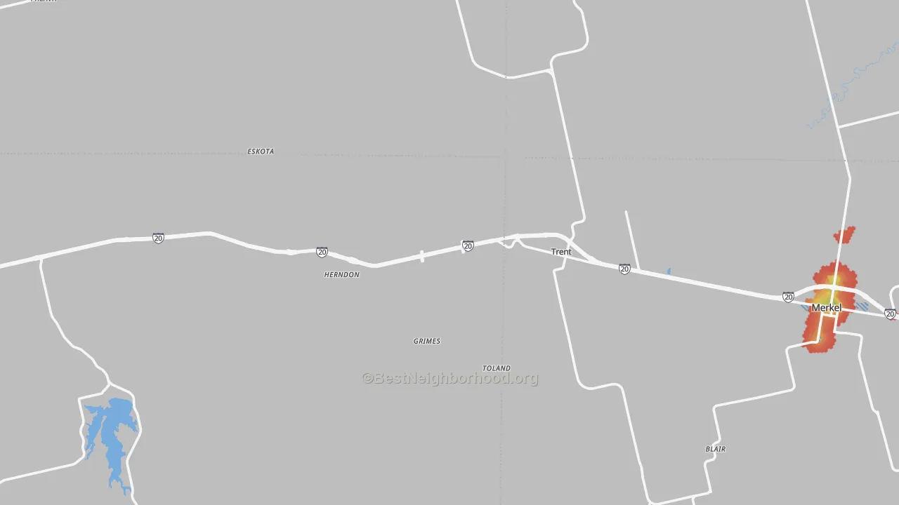 Walk Grade map of Trent, TX, walkable areas in green and car-dependent areas in red
