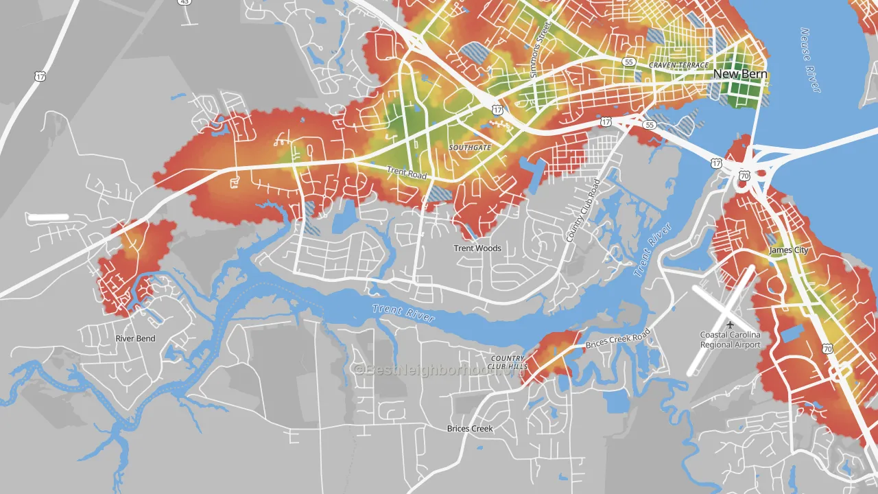 Walk Grade map of Trent Woods, NC, walkable areas in green and car-dependent areas in red