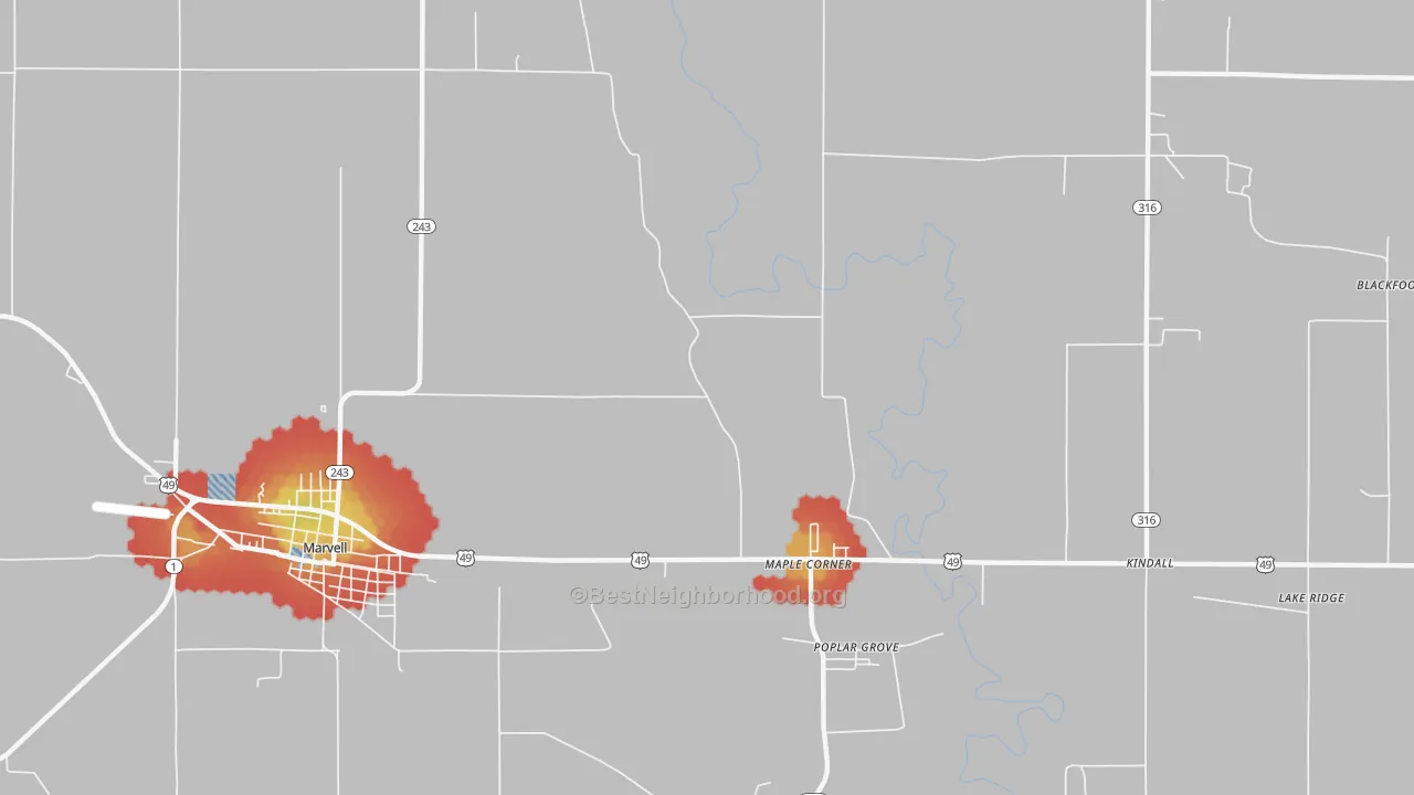 Walk Grade map of Trenton, AR, walkable areas in green and car-dependent areas in red