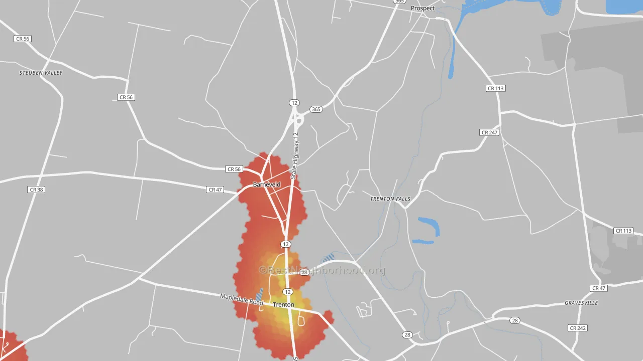 Walk Grade map of Trenton Falls, NY, walkable areas in green and car-dependent areas in red