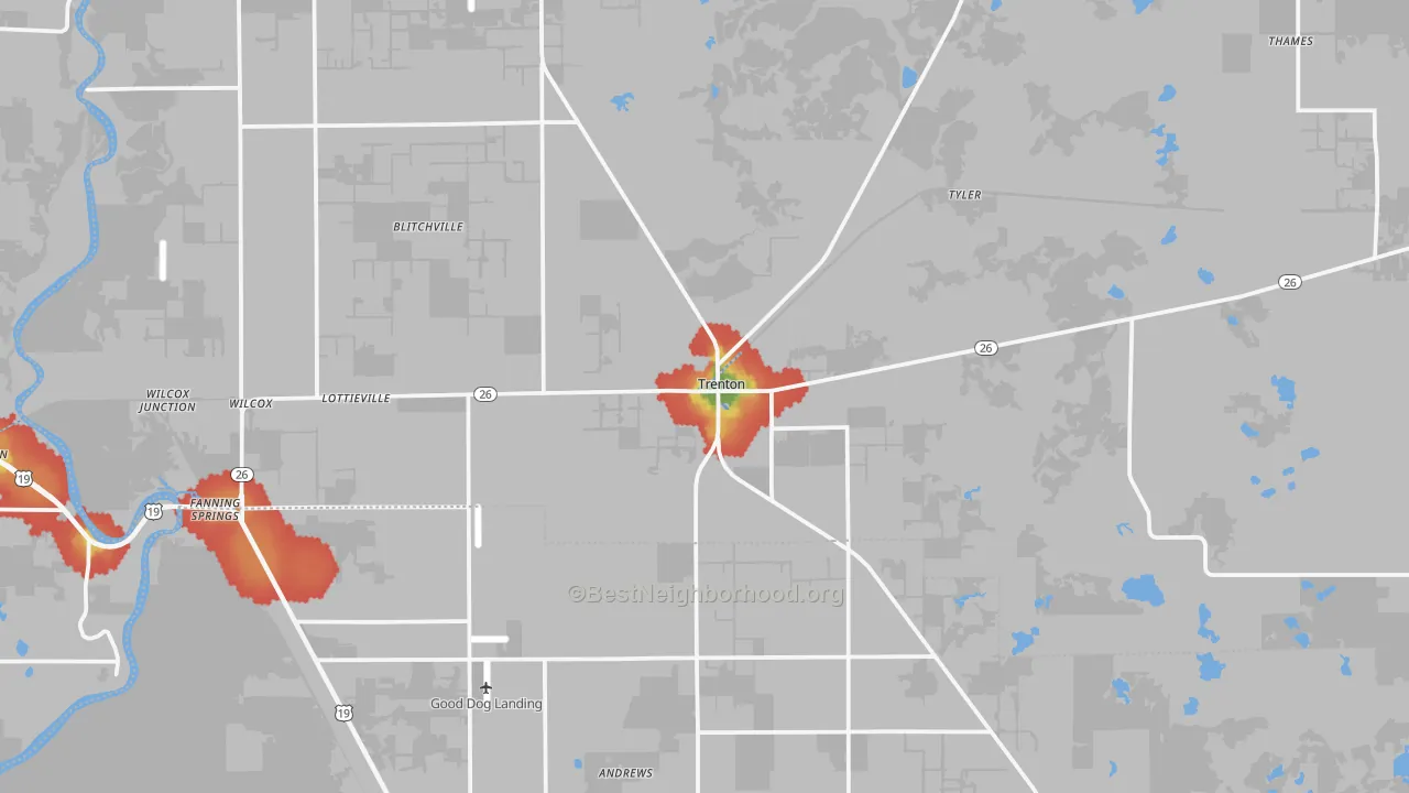 Walk Grade map of Trenton, FL, walkable areas in green and car-dependent areas in red