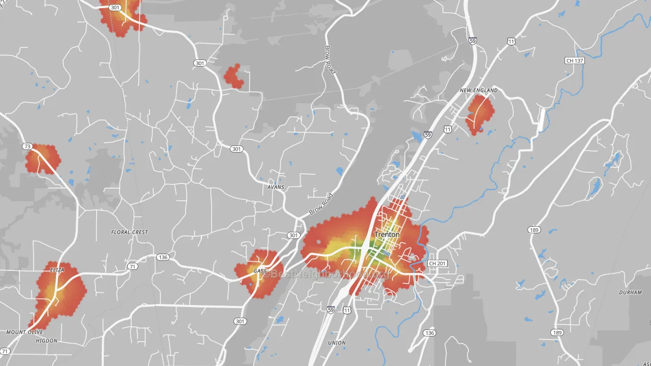 Walk Grade map of Trenton, GA, walkable areas in green and car-dependent areas in red
