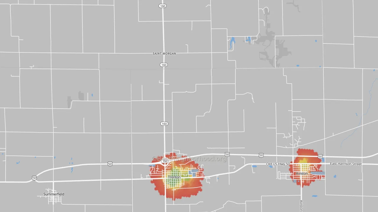 Walk Grade map of Trenton, IL, walkable areas in green and car-dependent areas in red
