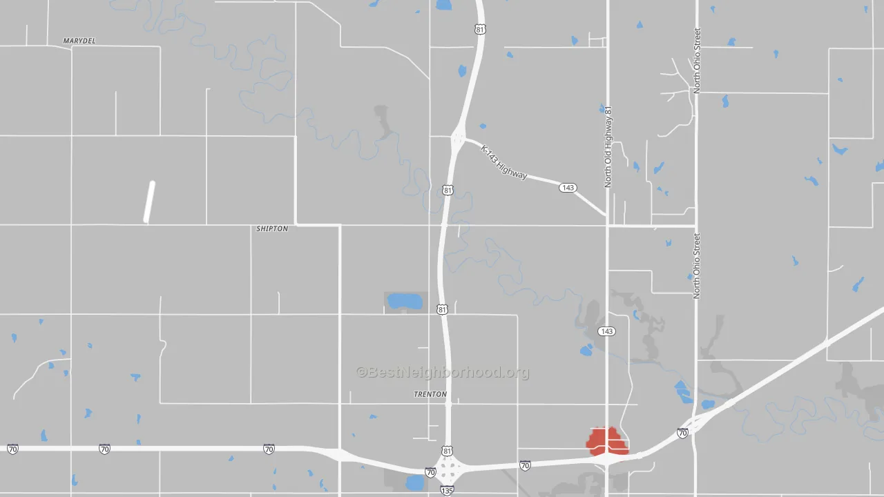 Walk Grade map of Trenton, KS, walkable areas in green and car-dependent areas in red