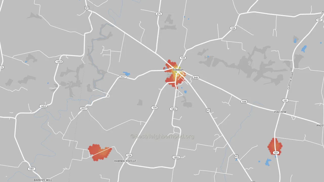 Walk Grade map of Trenton, KY, walkable areas in green and car-dependent areas in red