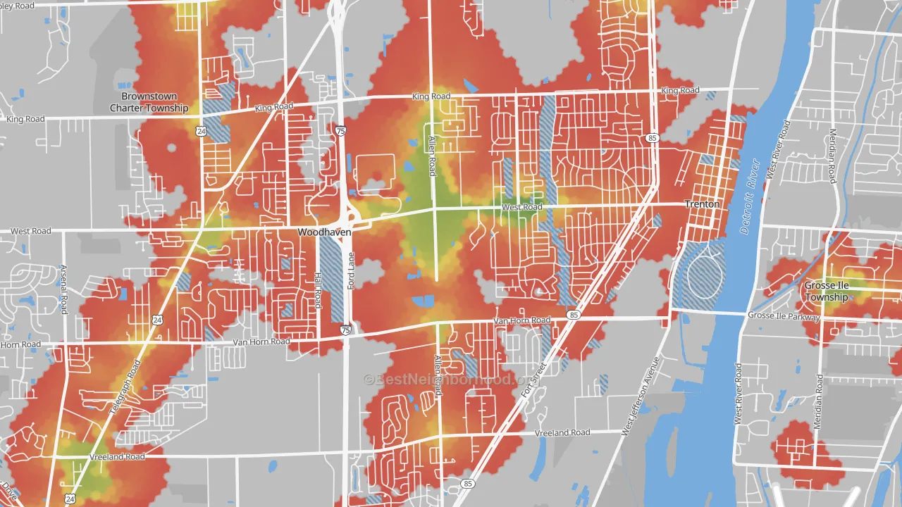 Walk Grade map of Trenton, MI, walkable areas in green and car-dependent areas in red
