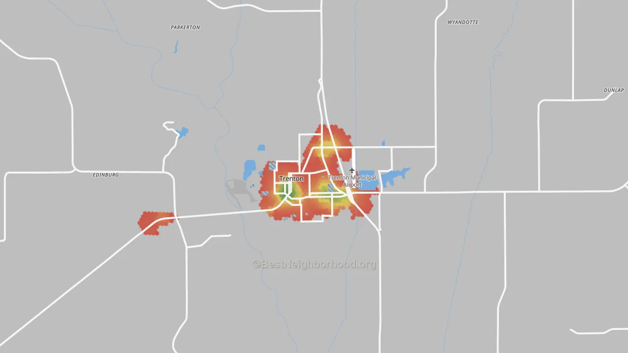 Walk Grade map of Trenton, MO, walkable areas in green and car-dependent areas in red