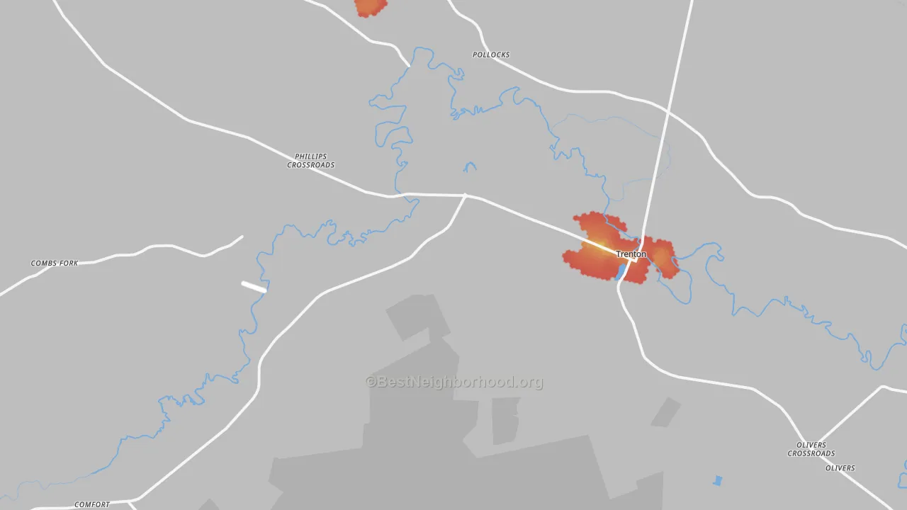 Walk Grade map of Trenton, NC, walkable areas in green and car-dependent areas in red