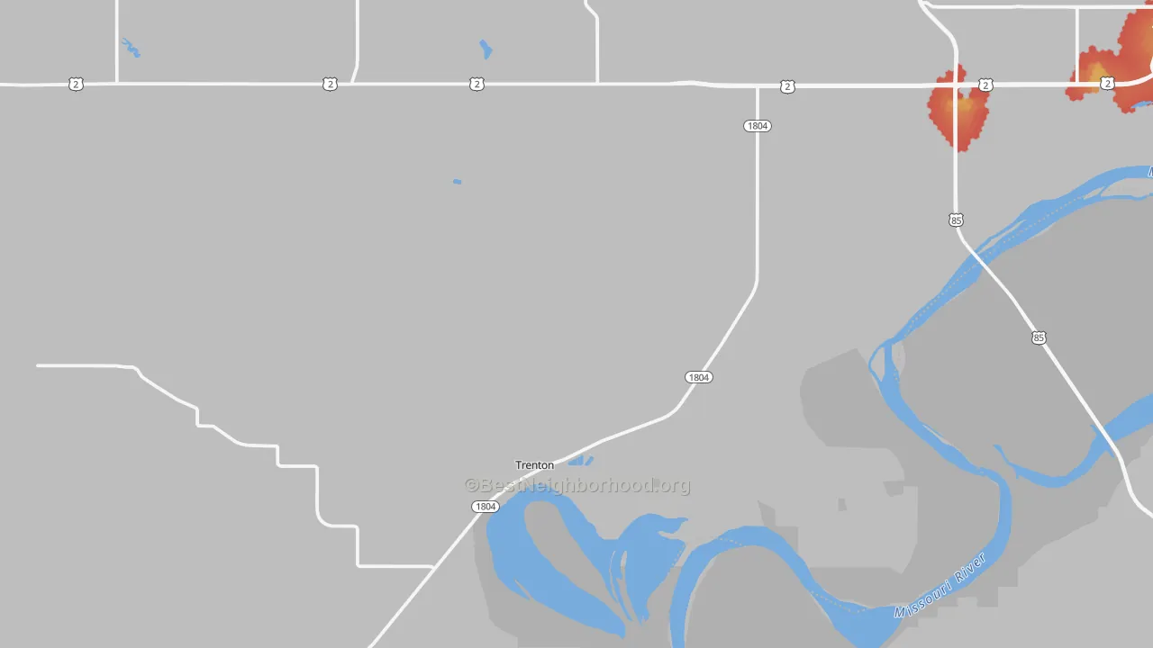 Walk Grade map of Trenton, ND, walkable areas in green and car-dependent areas in red