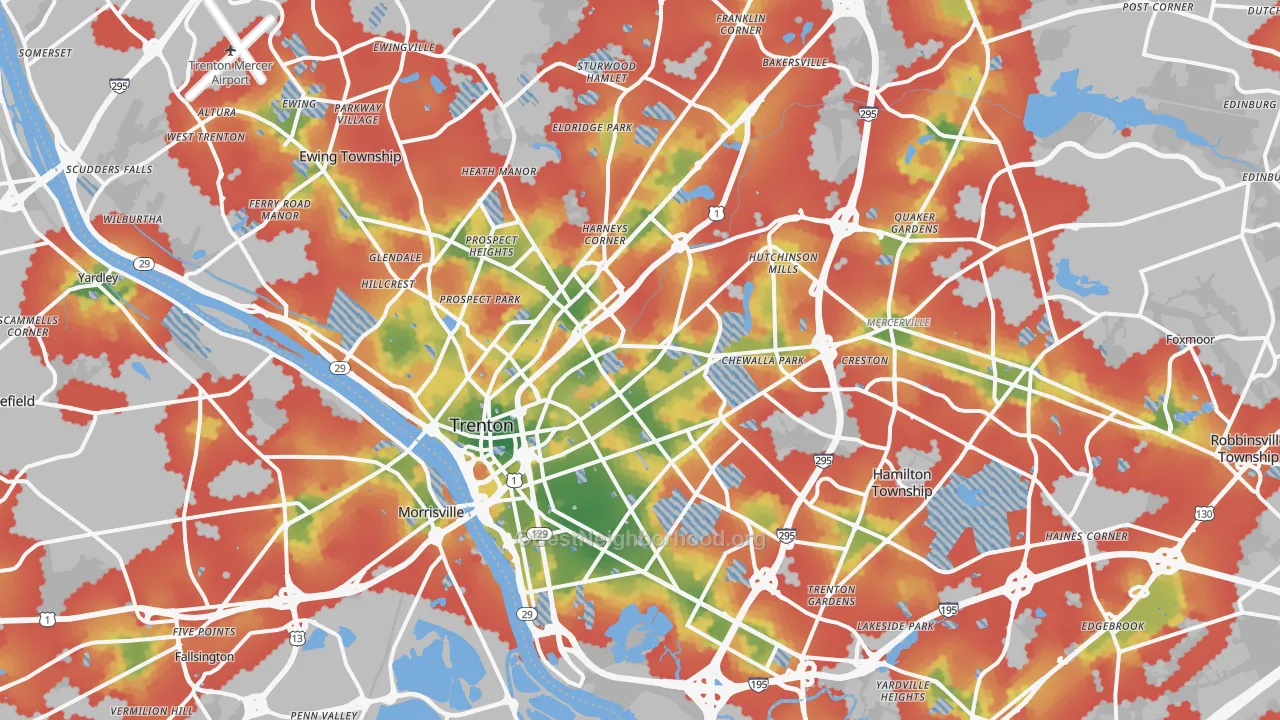 Walk Grade map of Trenton, NJ, walkable areas in green and car-dependent areas in red