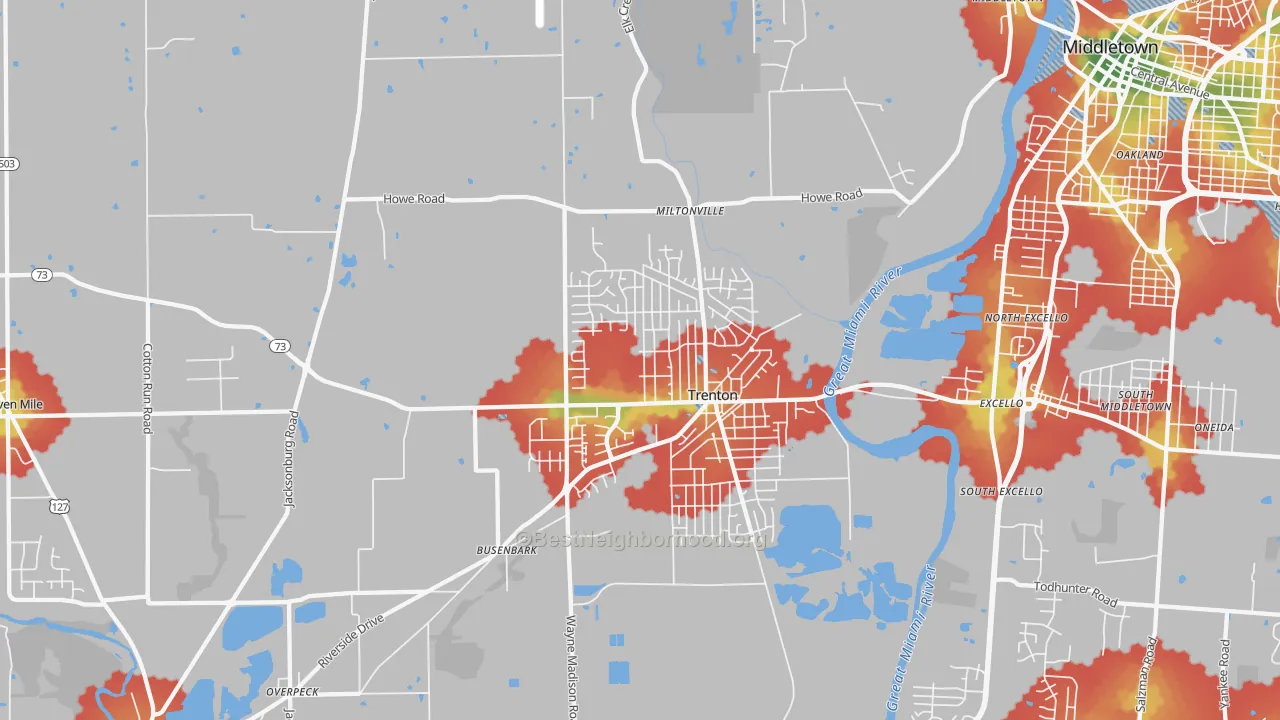 Walk Grade map of Trenton, OH, walkable areas in green and car-dependent areas in red
