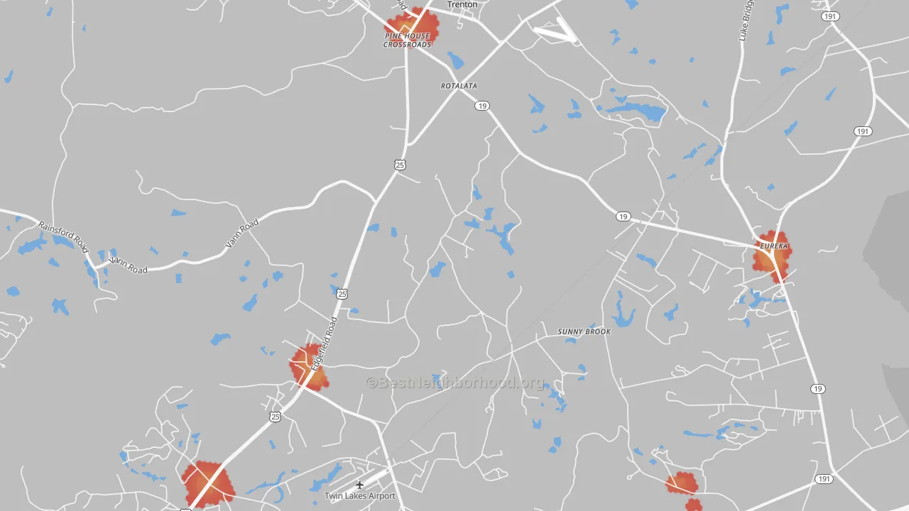 Walk Grade map of Trenton, SC, walkable areas in green and car-dependent areas in red