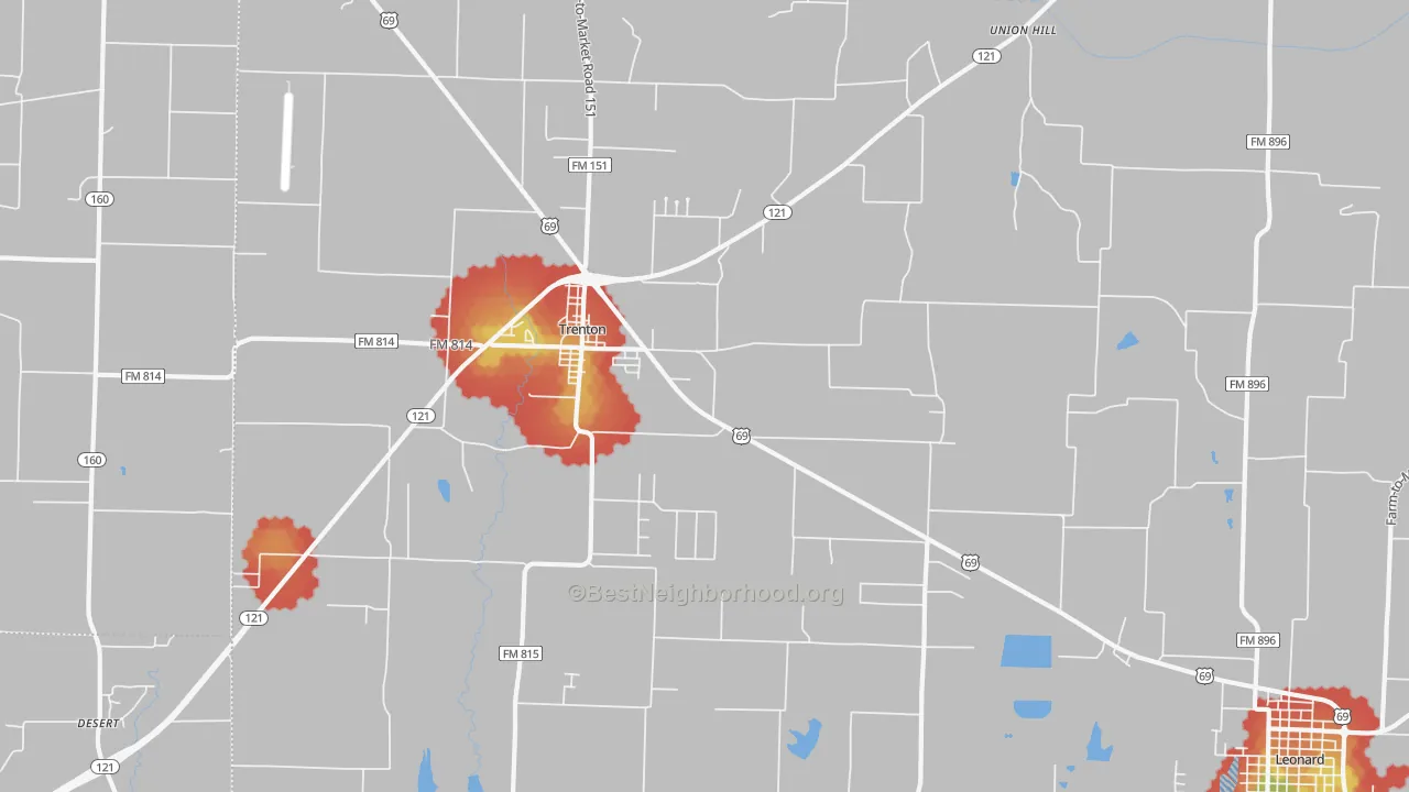 Walk Grade map of Trenton, TX, walkable areas in green and car-dependent areas in red