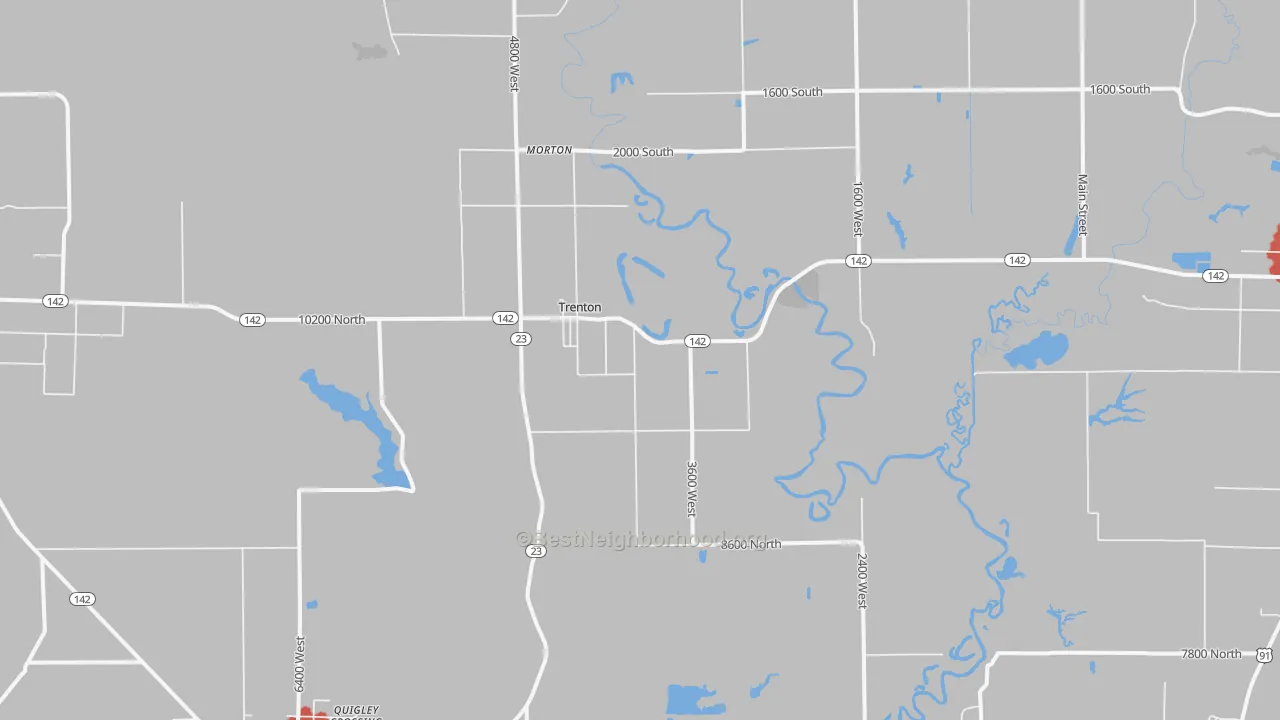 Walk Grade map of Trenton, UT, walkable areas in green and car-dependent areas in red