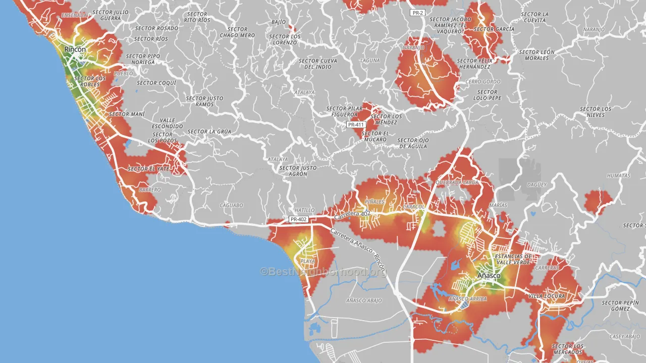 Walk Grade map of Tres Hermanos, PR, walkable areas in green and car-dependent areas in red