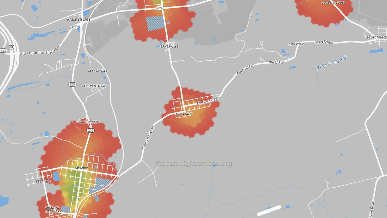 Walk Grade map of Tresckow, PA, walkable areas in green and car-dependent areas in red