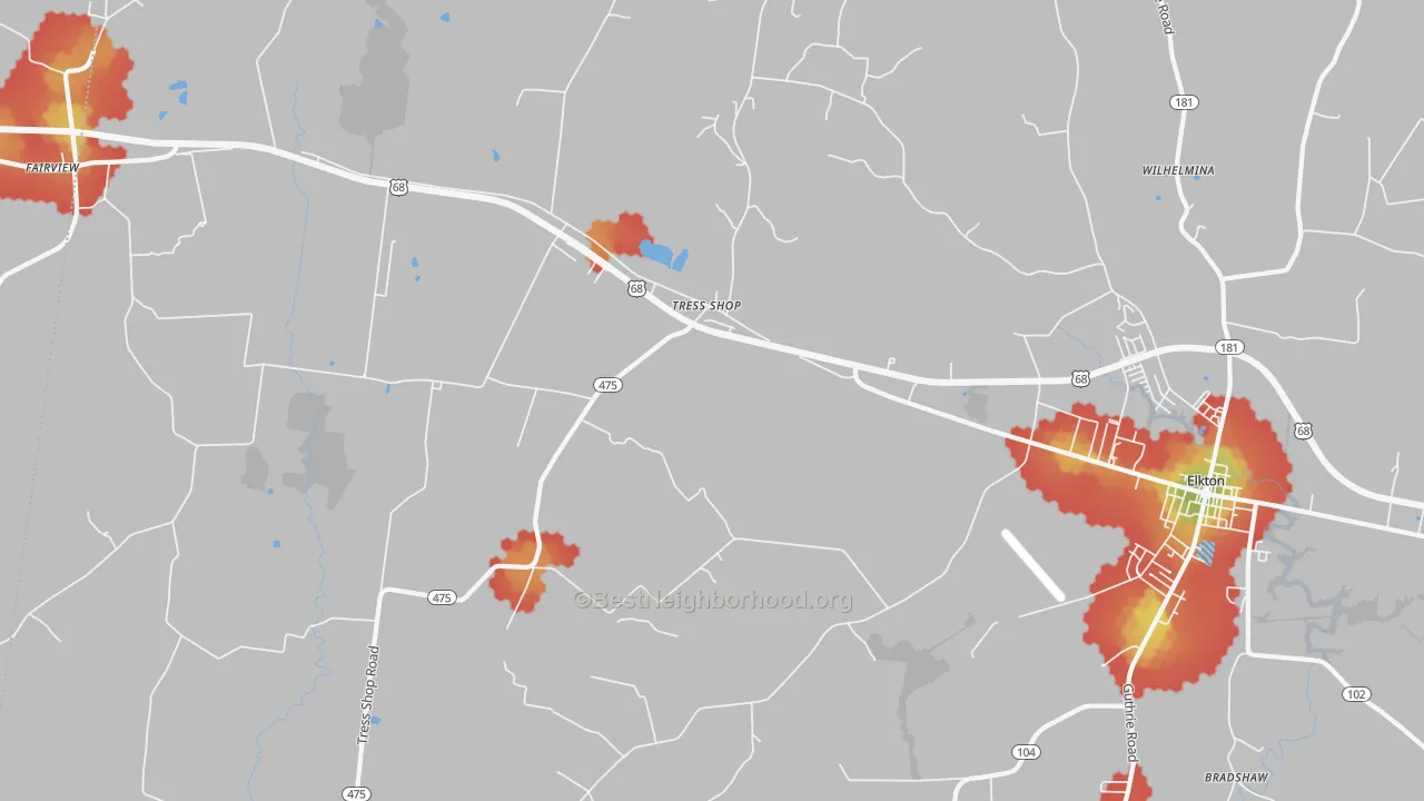 Walk Grade map of Tress Shop, KY, walkable areas in green and car-dependent areas in red