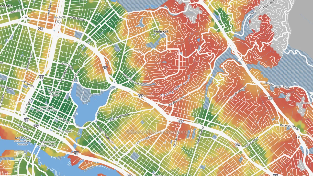 Walk Grade map of Trestle Glen, Oakland, CA, walkable areas in green and car-dependent areas in red