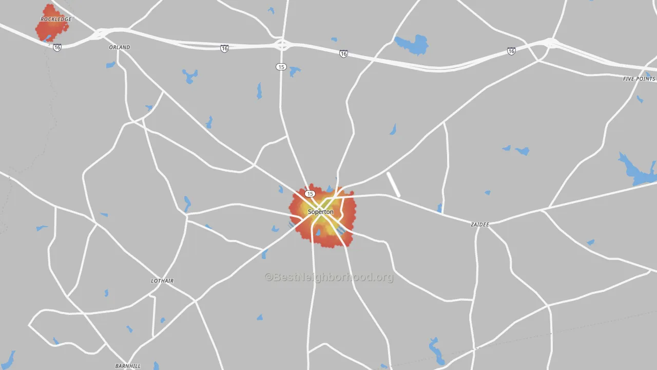 Walk Grade map of Treutlen County, GA, walkable areas in green and car-dependent areas in red