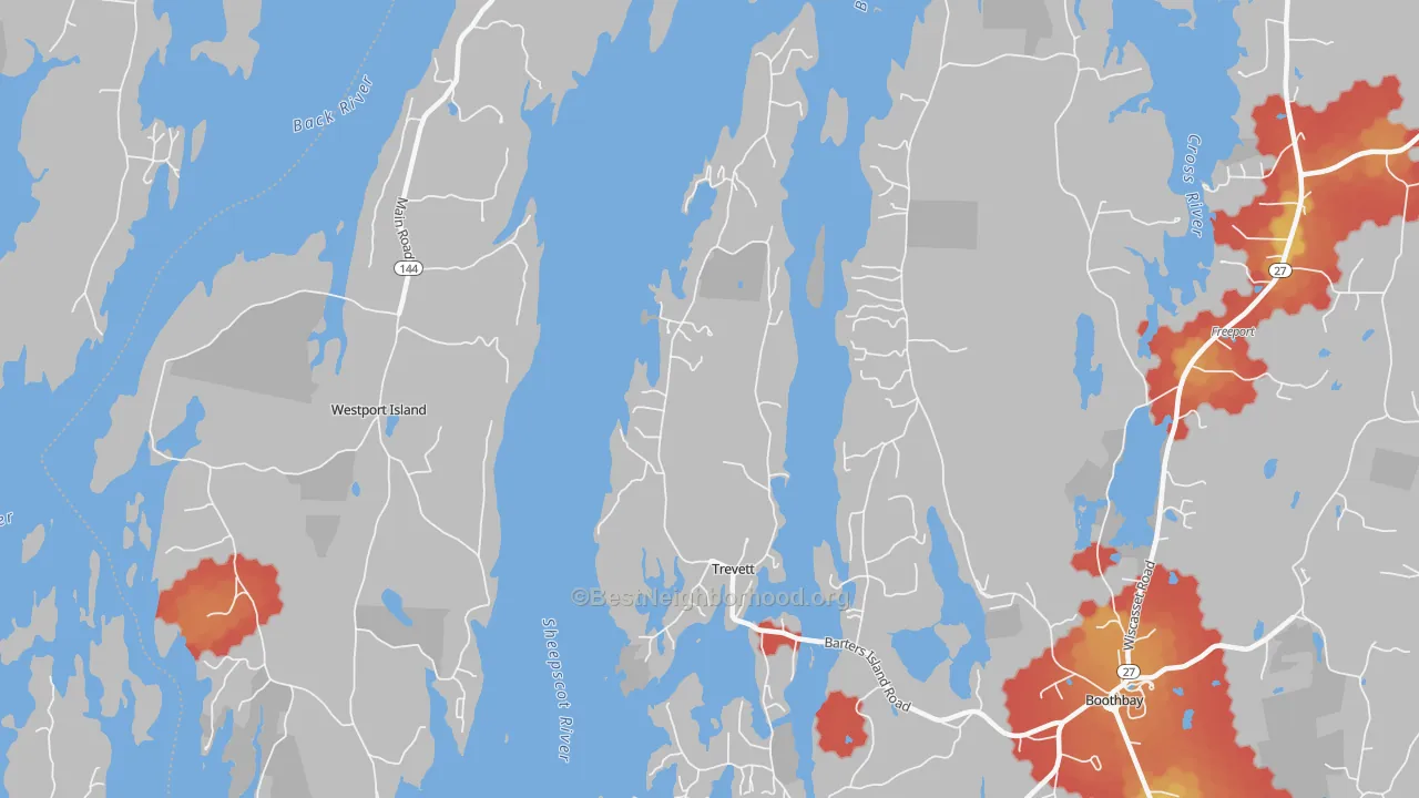 Walk Grade map of Trevett, ME, walkable areas in green and car-dependent areas in red