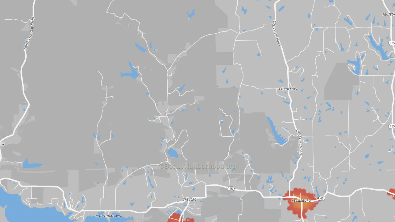 Walk Grade map of Trevlac, IN, walkable areas in green and car-dependent areas in red