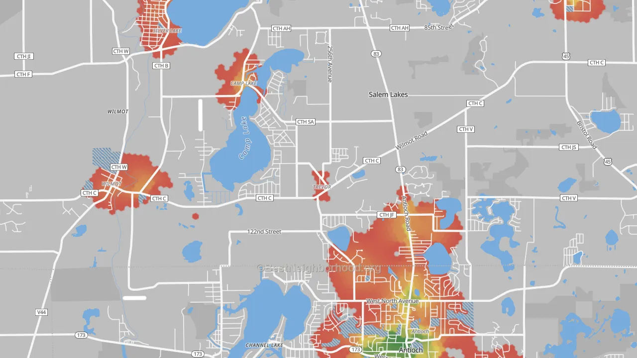 Walk Grade map of Trevor, WI, walkable areas in green and car-dependent areas in red