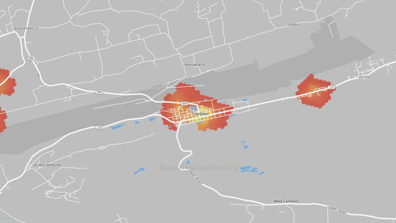 Walk Grade map of Trevorton, PA, walkable areas in green and car-dependent areas in red