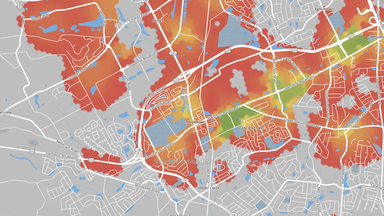 Walk Grade map of Trexlertown, PA, walkable areas in green and car-dependent areas in red