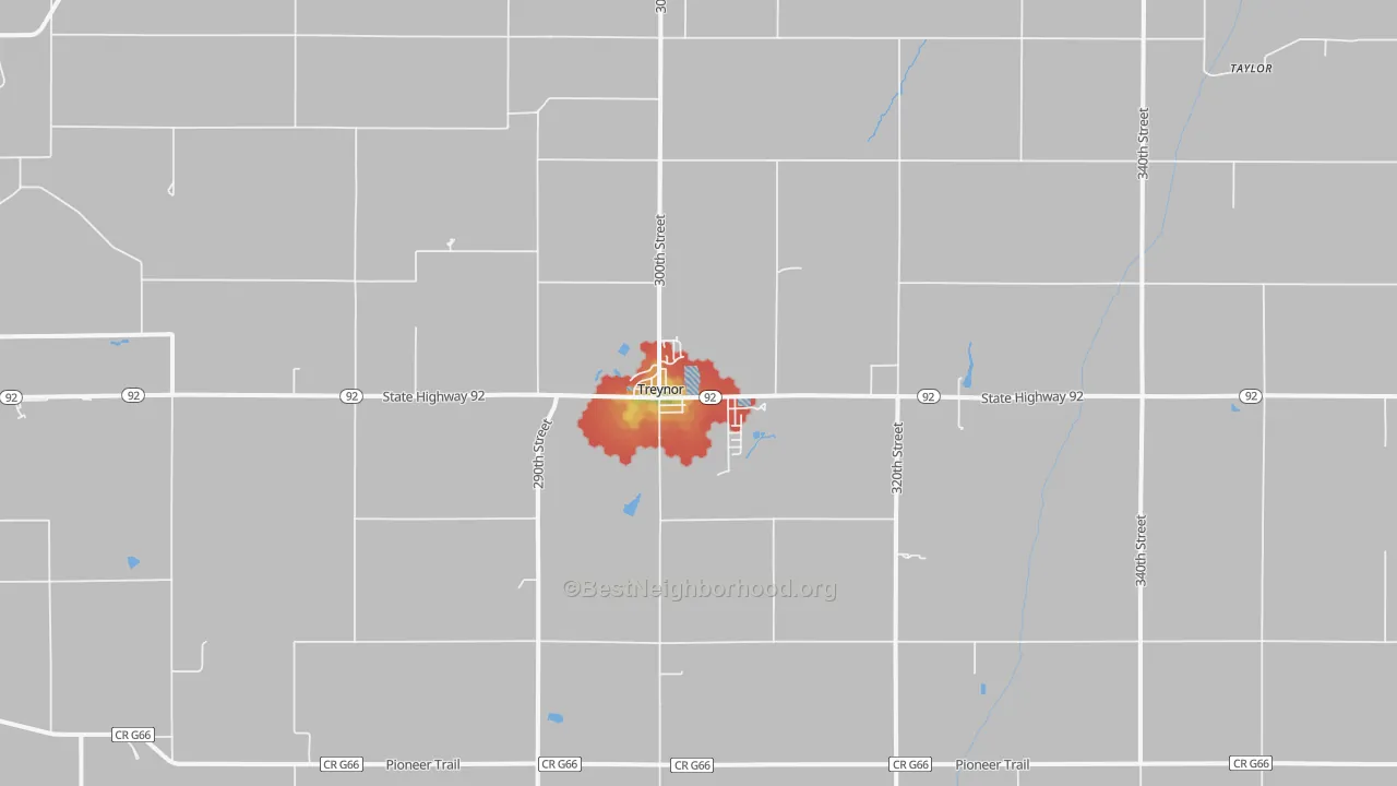 Walk Grade map of Treynor, IA, walkable areas in green and car-dependent areas in red