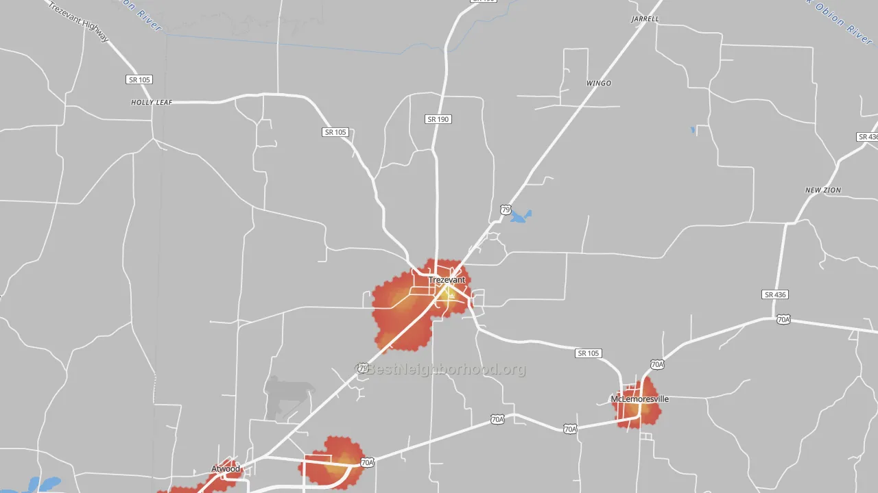Walk Grade map of Trezevant, TN, walkable areas in green and car-dependent areas in red