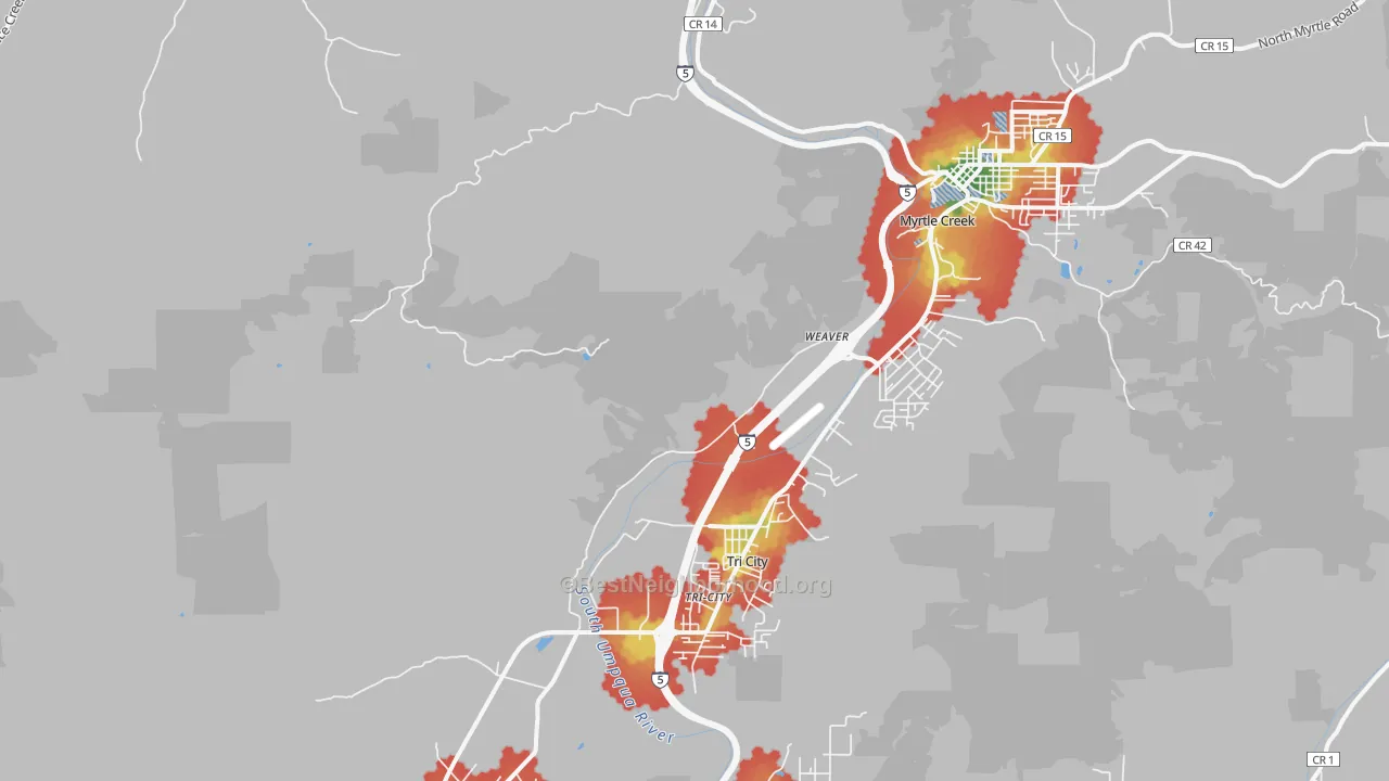 Walk Grade map of Tri-City, OR, walkable areas in green and car-dependent areas in red