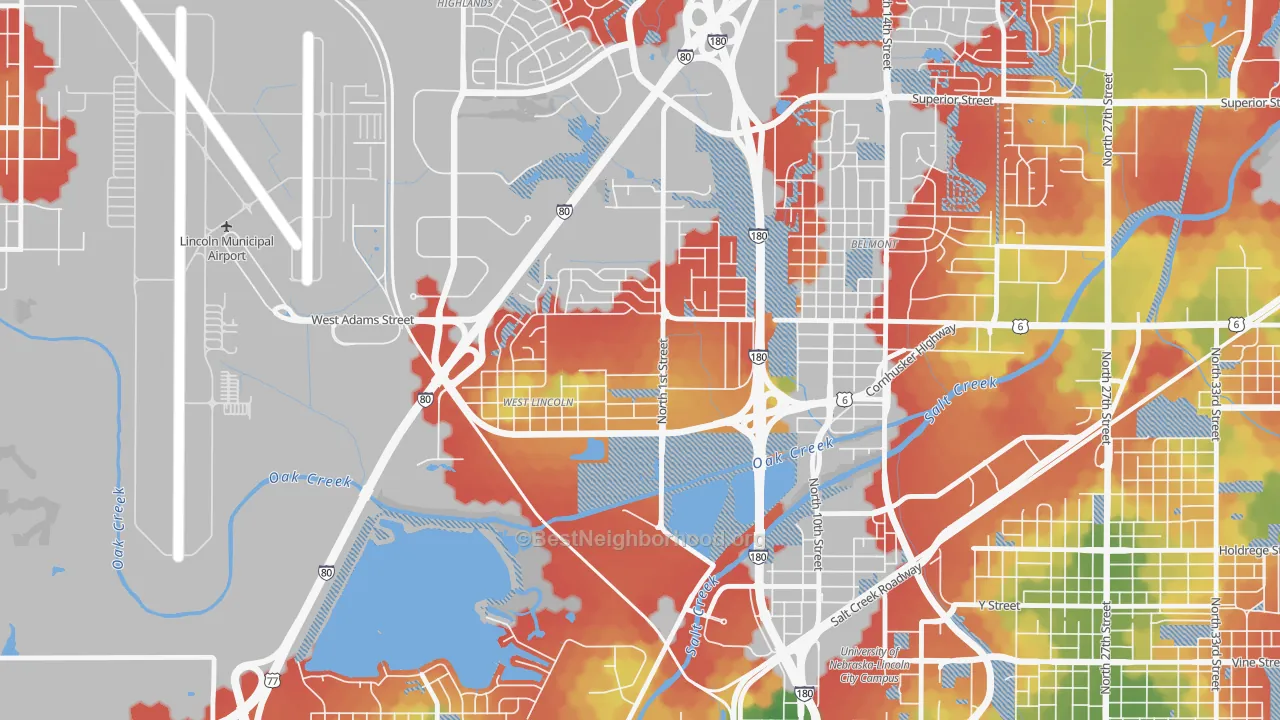 Walk Grade map of Tri-Court, Lincoln, NE, walkable areas in green and car-dependent areas in red