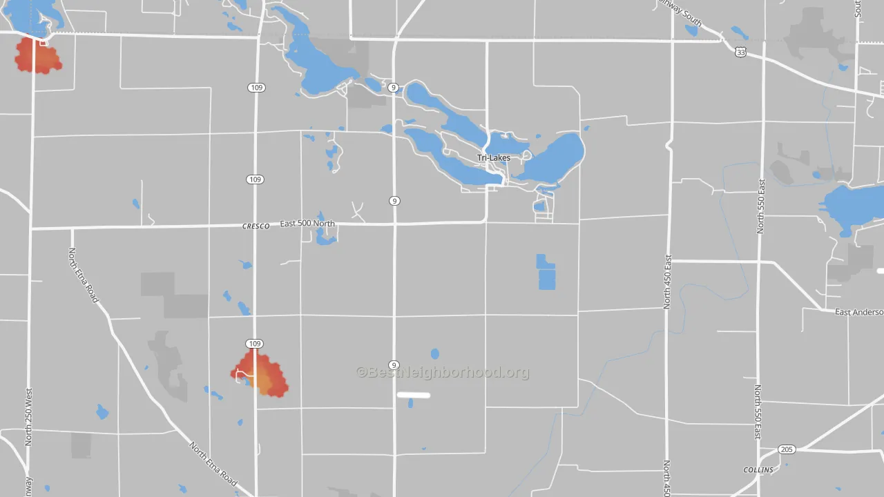 Walk Grade map of Tri-Lakes, IN, walkable areas in green and car-dependent areas in red