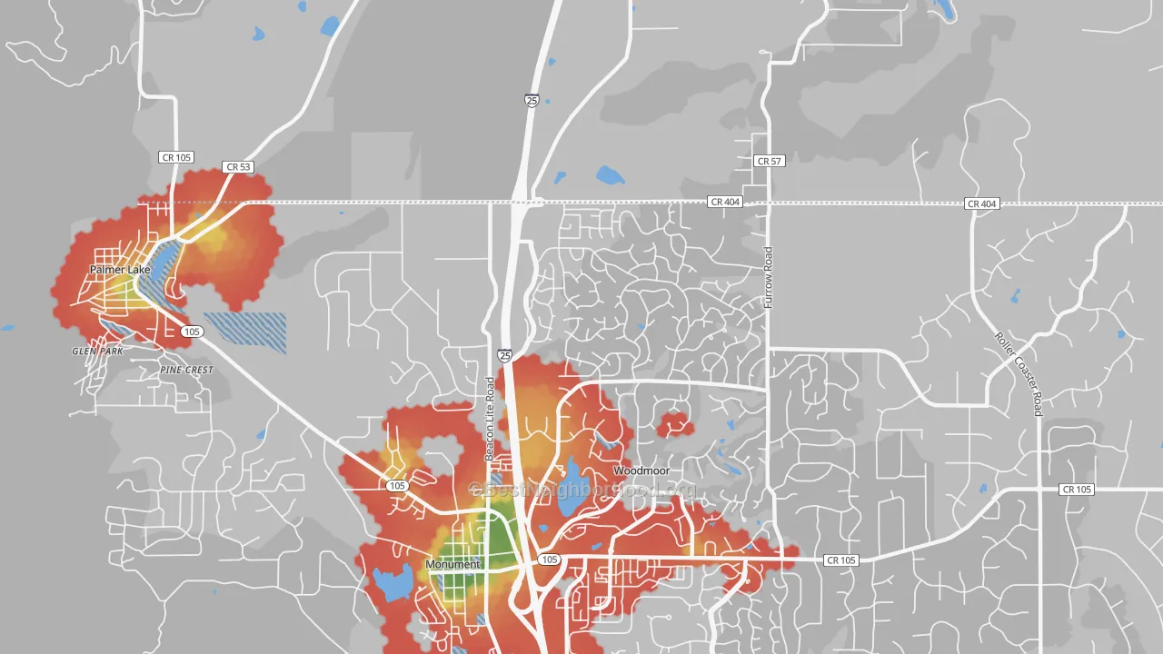 Walk Grade map of Tri-Lakes, Woodmoor, CO, walkable areas in green and car-dependent areas in red