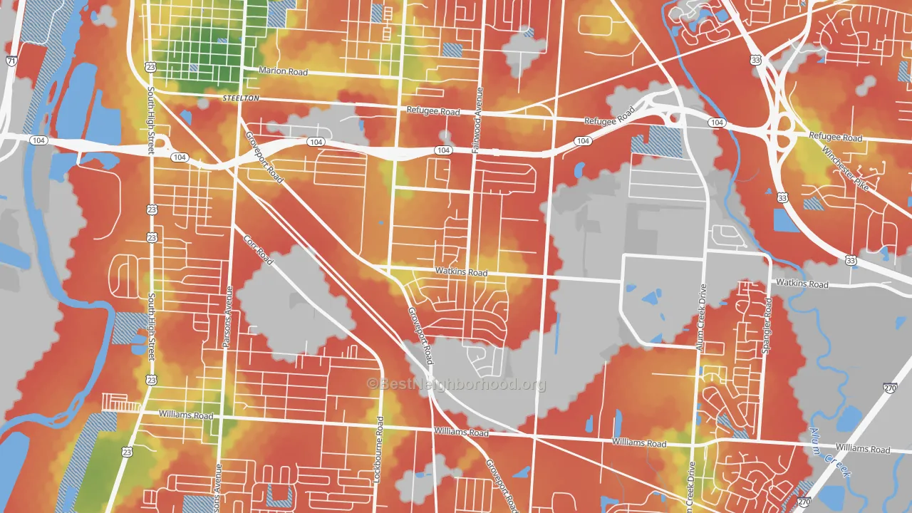 Walk Grade map of Tri-South, Columbus, OH, walkable areas in green and car-dependent areas in red