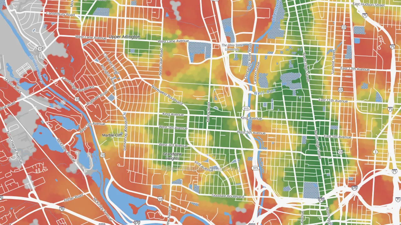 Walk Grade map of Tri-Village, Columbus, OH, walkable areas in green and car-dependent areas in red