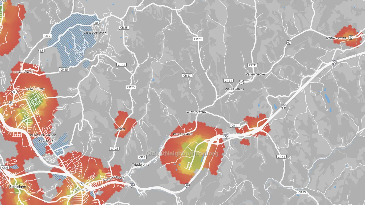 Walk Grade map of Triadelphia, WV, walkable areas in green and car-dependent areas in red
