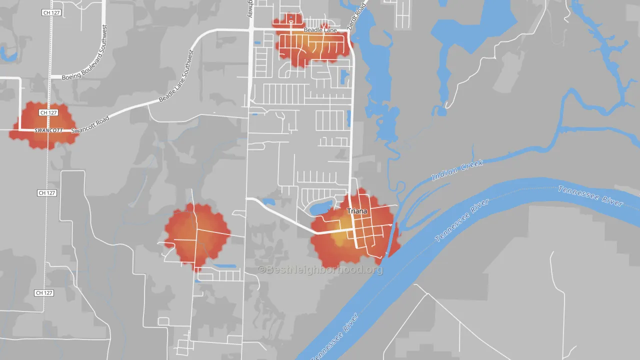 Walk Grade map of Triana, AL, walkable areas in green and car-dependent areas in red