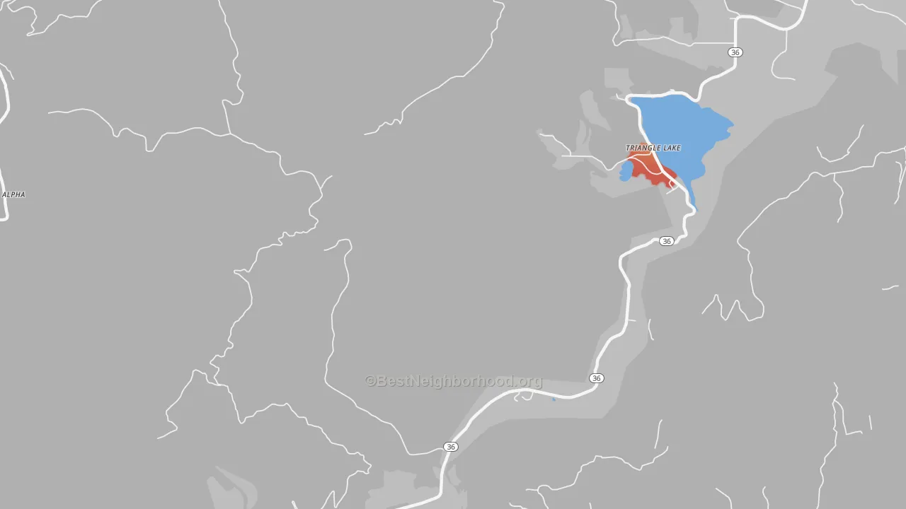 Walk Grade map of Triangle Lake, OR, walkable areas in green and car-dependent areas in red