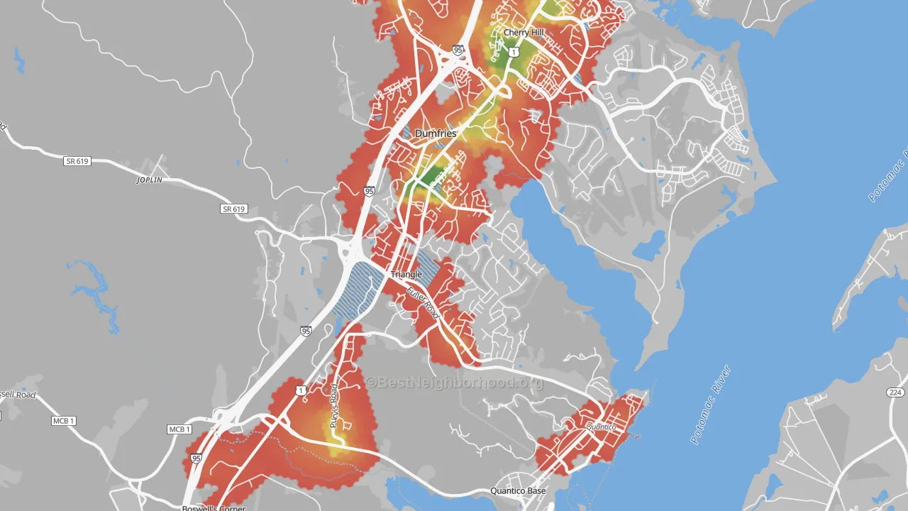 Walk Grade map of Triangle, VA, walkable areas in green and car-dependent areas in red