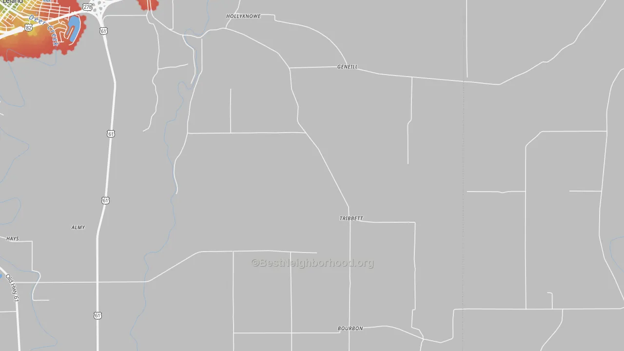 Walk Grade map of Tribbett, MS, walkable areas in green and car-dependent areas in red