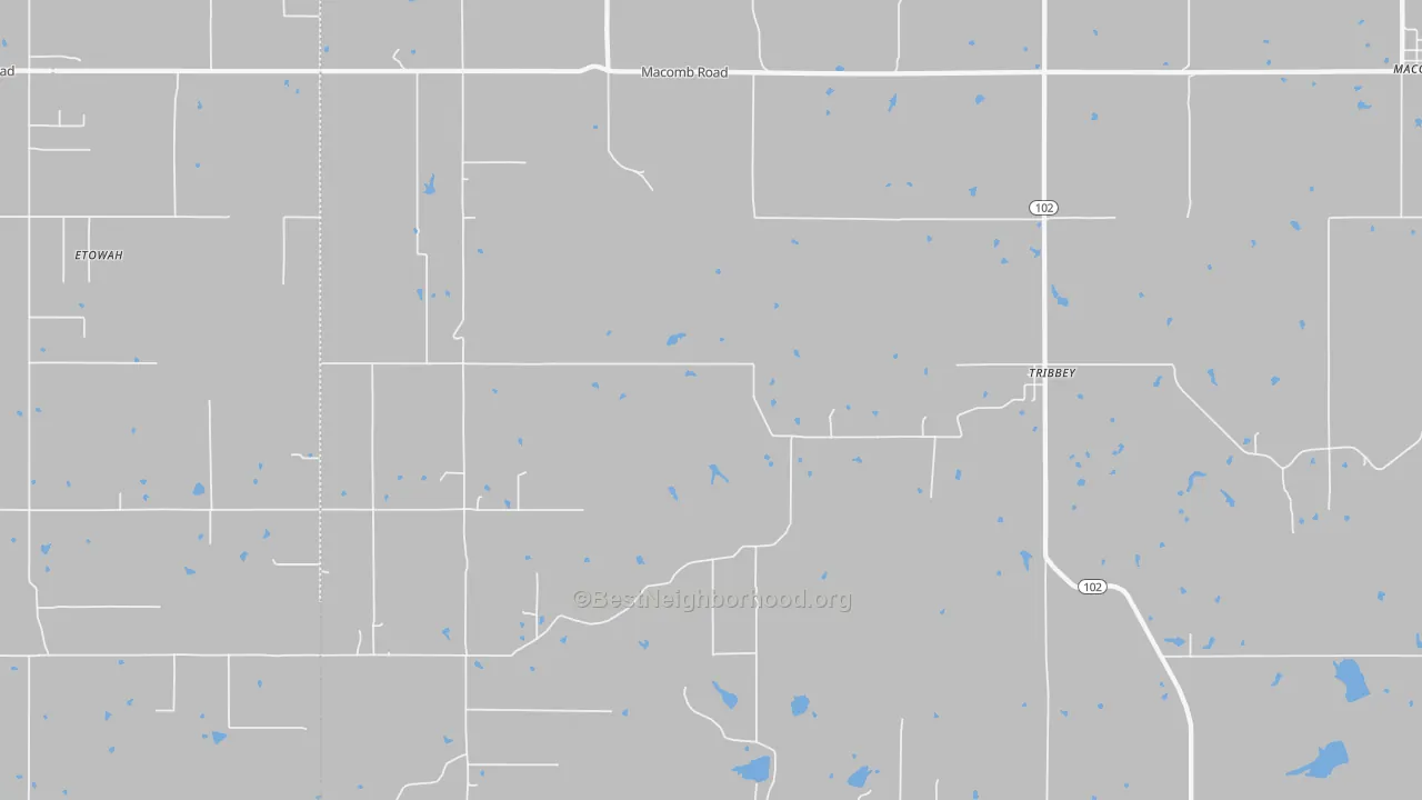Walk Grade map of Tribbey, OK, walkable areas in green and car-dependent areas in red