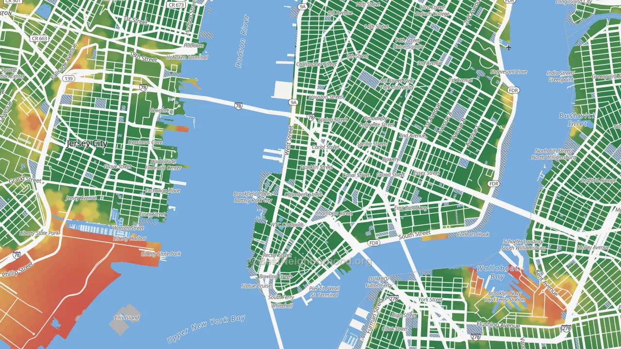 Walk Grade map of Tribeca, Manhattan, NY, walkable areas in green and car-dependent areas in red