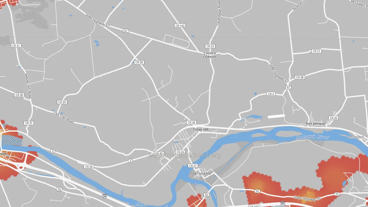 Walk Grade map of Tribes Hill, NY, walkable areas in green and car-dependent areas in red