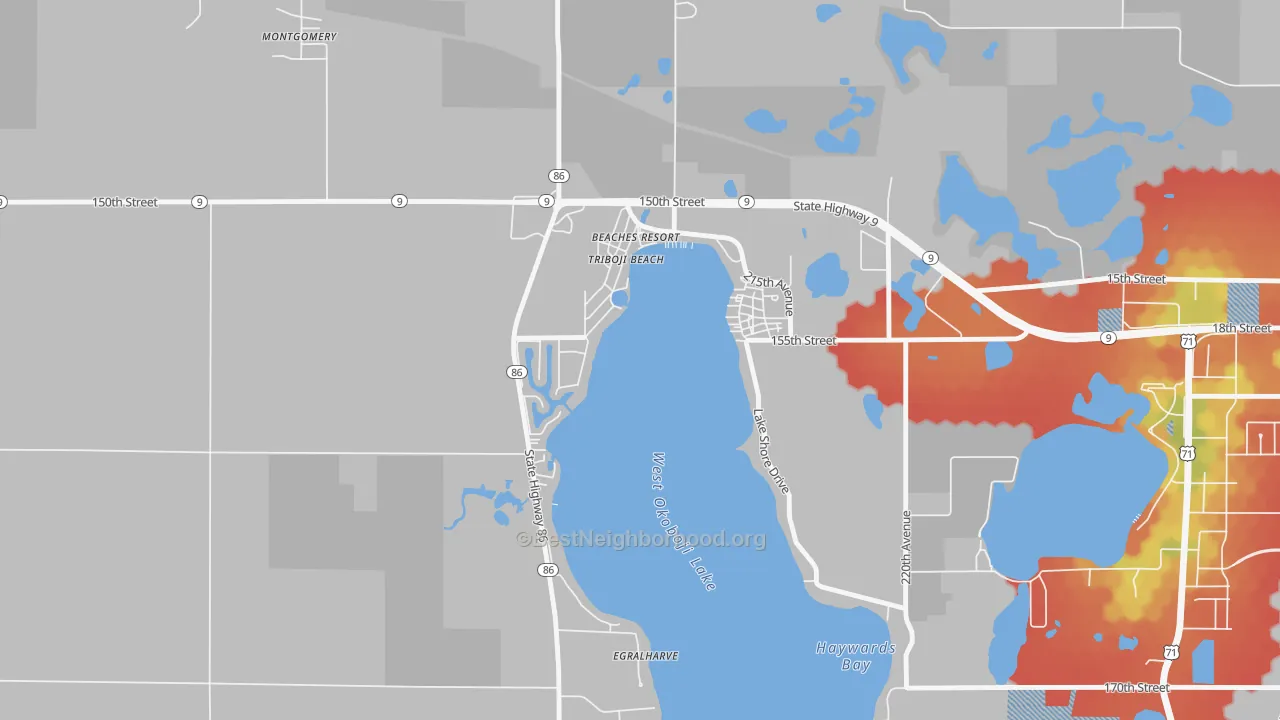Walk Grade map of Triboji Beach, IA, walkable areas in green and car-dependent areas in red
