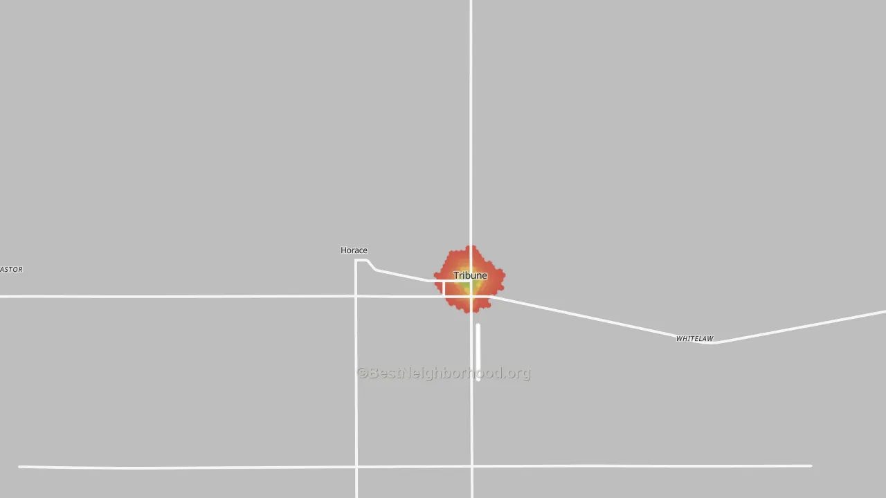 Walk Grade map of Tribune, KS, walkable areas in green and car-dependent areas in red