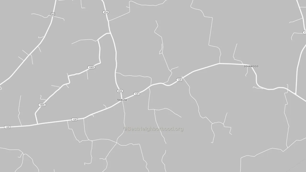 Walk Grade map of Tribune, KY, walkable areas in green and car-dependent areas in red