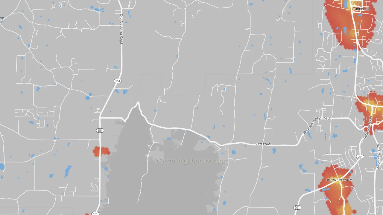 Walk Grade map of Trickum, GA, walkable areas in green and car-dependent areas in red