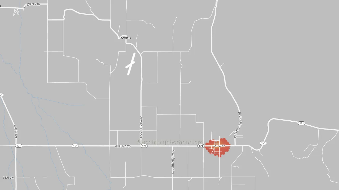 Walk Grade map of Tridell, UT, walkable areas in green and car-dependent areas in red